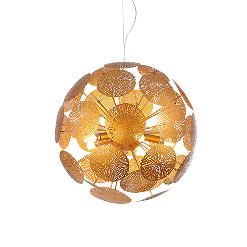 Lustre postmoderne en forme de feuille de lotus doré avec design globe – Luminaire en métal à 5 ​​têtes