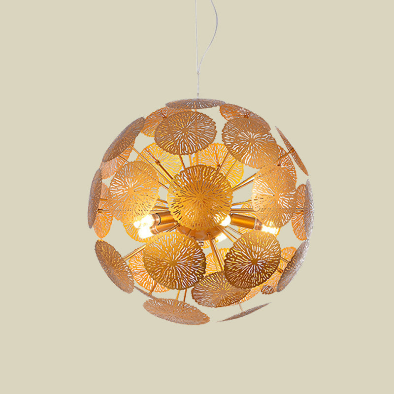 Postmodern Gold Lotus Leaf Chandelier With 5 Globe Pendant Lights