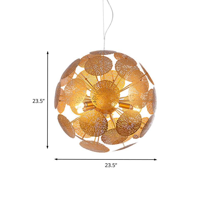 Postmodern Gold Lotus Leaf Chandelier With 5 Globe Pendant Lights