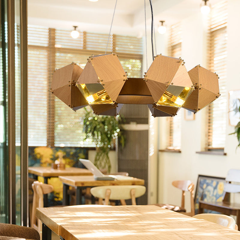 Modernist 6-Head Polyhedron Chandelier: Metallic Pendant Lamp, Dark Wood Finish