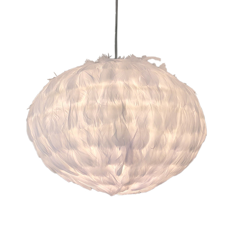 Modern Feather Ball Hanging Pendant Light with 1 Bulb for Bedroom, Ceiling Suspension in Elegant White Fabric