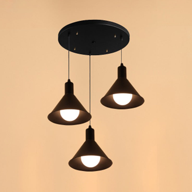Industrial Metallic Funnel Dining Room Ceiling Light - 3-Light Black Pendant with Linear/Round Canopy