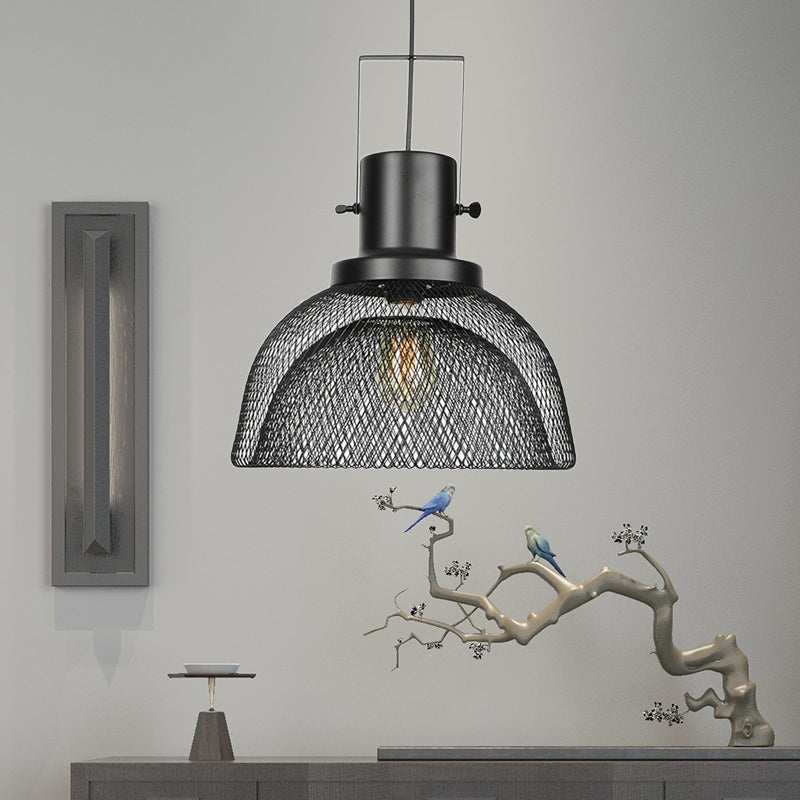 Industrial Metal Pendant Light - Mesh Cage 1-Light Black Shade Living Room Hanging Lamp / A