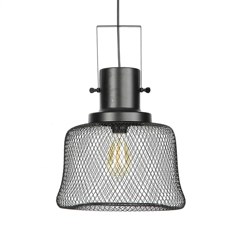Industrial Mesh Cage Pendant Light - Black Metal Single Lamp for Living Room Hanging, with Shade