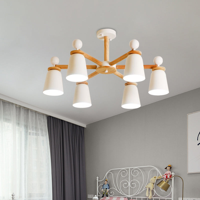 Plafonnier semi-encastré moderniste White Bell, bras en bois, 3/6 lumières