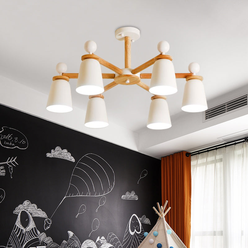 Plafonnier semi-encastré moderniste White Bell, bras en bois, 3/6 lumières