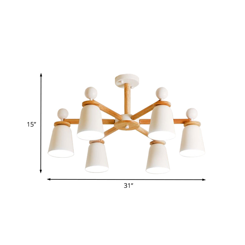 Plafonnier semi-encastré moderniste White Bell, bras en bois, 3/6 lumières