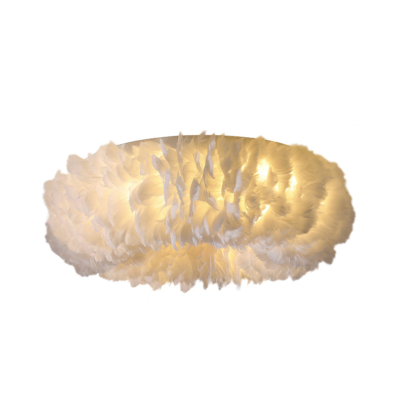 Modern Feather Flushmount Ceiling Light With 3/6 Fabric Heads In White/Grey/Pink For Bedroom