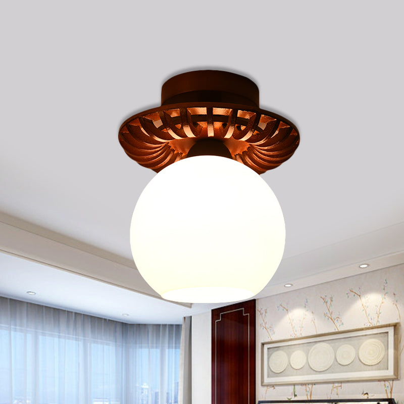 Rustic Cream Glass Flush Mount Ceiling Light with Wood Frame - Brown Globe/Square Design