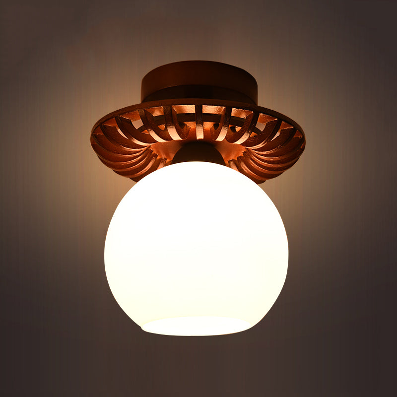 Rustic Cream Glass Flush Mount Ceiling Light with Wood Frame - Brown Globe/Square Design