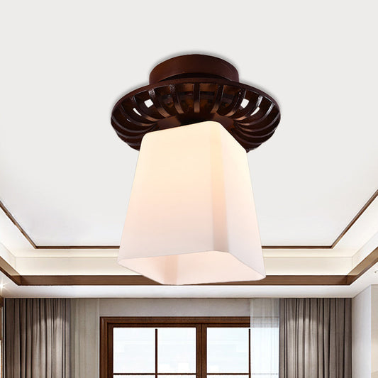 Rustic Cream Glass Flush Mount Ceiling Light with Wood Frame - Brown Globe/Square Design