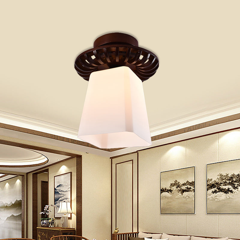 Rustic Cream Glass Flush Mount Ceiling Light with Wood Frame - Brown Globe/Square Design