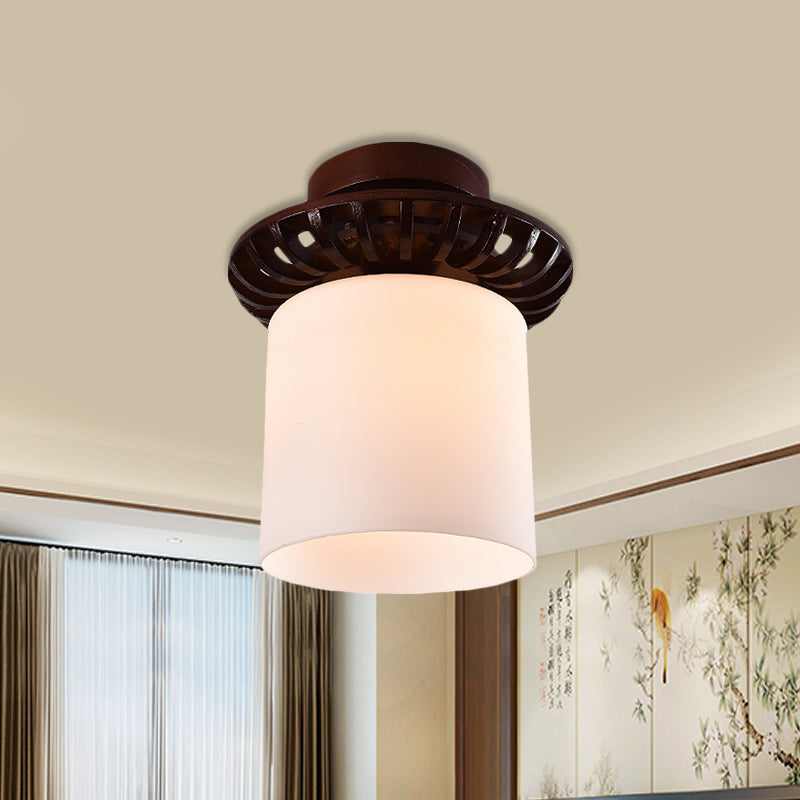 Rustic Cream Glass Flush Mount Ceiling Light with Wood Frame - Brown Globe/Square Design
