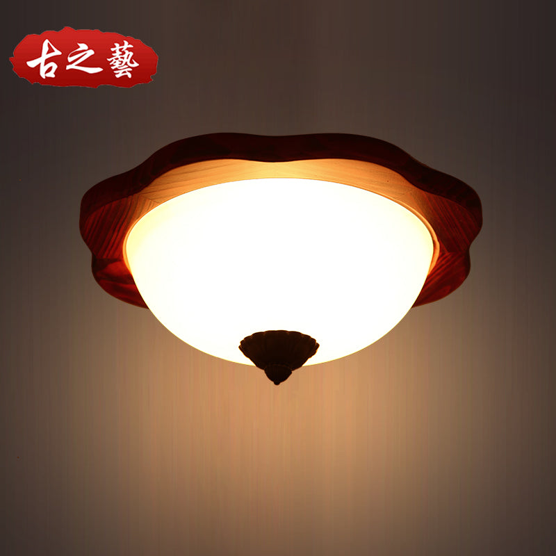 Frosted Glass Brown Flush Light Fixture - 16"/19" W - 3 Heads - Rural Flush Mount Recessed Lighting with Wood Flower Panel