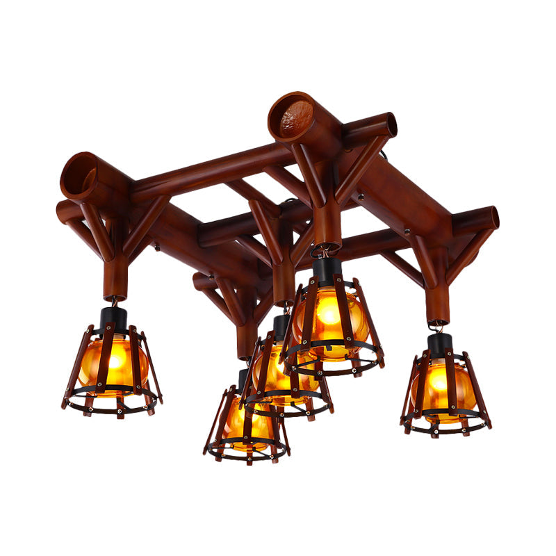 Plafonnier en bois à cage conique semi-encastrée - 5 têtes, style campagnard, en marron