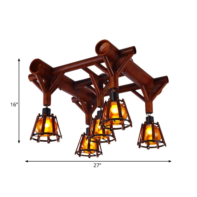 Plafonnier en bois à cage conique semi-encastrée - 5 têtes, style campagnard, en marron
