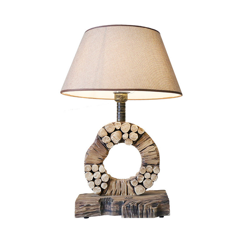 Classic Tapered Night Table Light - 1-Light Fabric Nightstand Lighting Brown With Wood Base