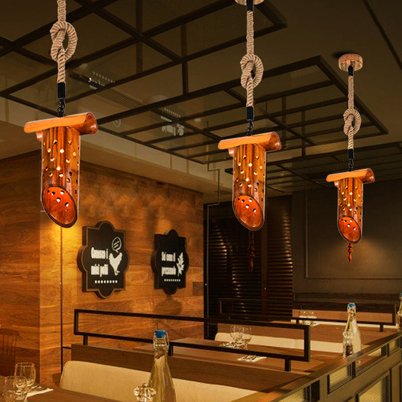 Lampe suspendue en forme de flûte de bambou : marron, design creux, plafonnier à 1 lampe
