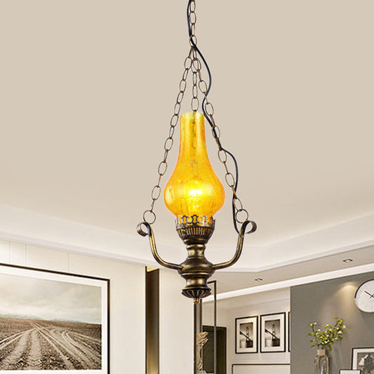 Lampe suspendue côtière en laiton avec abat-jour en verre craquelé jaune