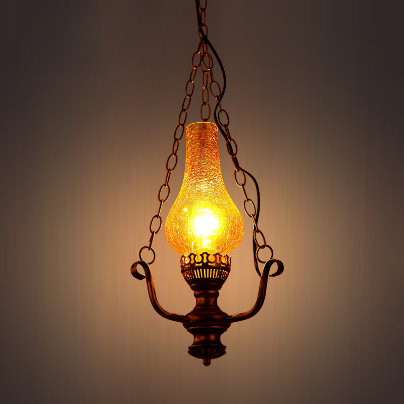 Lampe suspendue côtière en laiton avec abat-jour en verre craquelé jaune