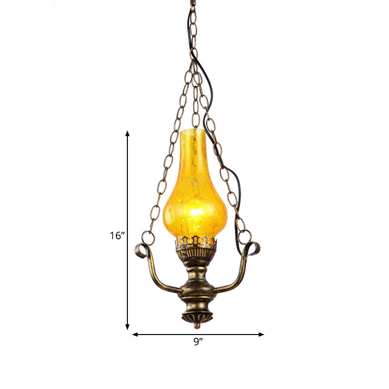Lampe suspendue côtière en laiton avec abat-jour en verre craquelé jaune