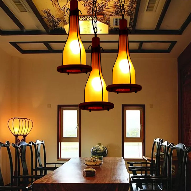 Rustic Brown Glass Bottle Pendant Light Kit - Single Head Ceiling With Wooden Tray Design