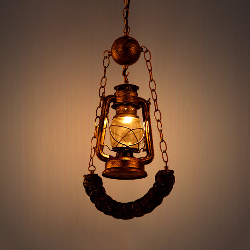 Industrial Style Pendant Lighting: Clear Glass Brass Hanging Lamp Kit with Kerosene & Resin Curved Beam