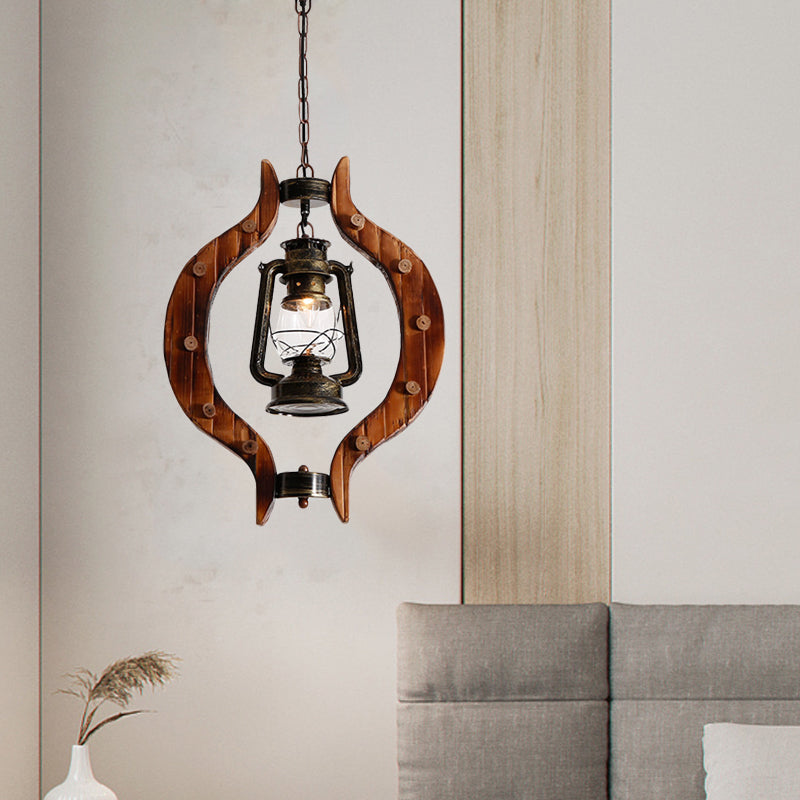 Lantern Iron Hanging Pendant Lamp With Clear Glass And Wood Frame - 1 Light Warehouse Brass Finish