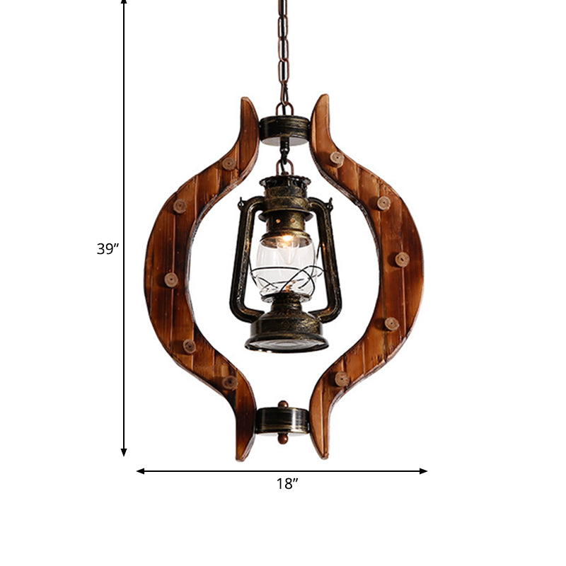 Lantern Iron Hanging Pendant Lamp With Clear Glass And Wood Frame - 1 Light Warehouse Brass Finish