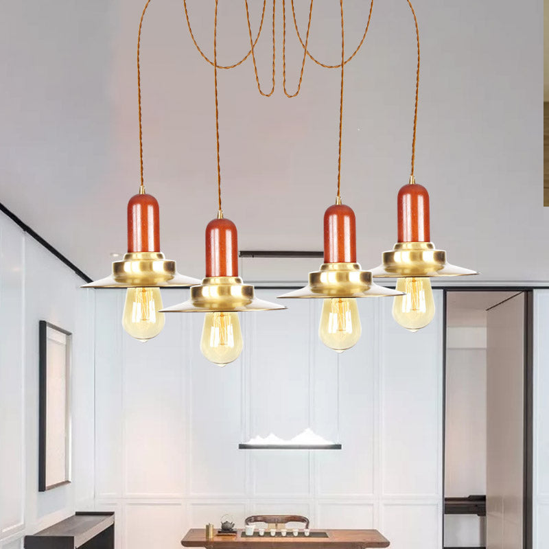 Luminaire suspendu industriel doré pour magasin de vêtements - Lampe à suspension plate en métal, plusieurs luminaires suspendus, plafonnier à 2/3/4 ampoules