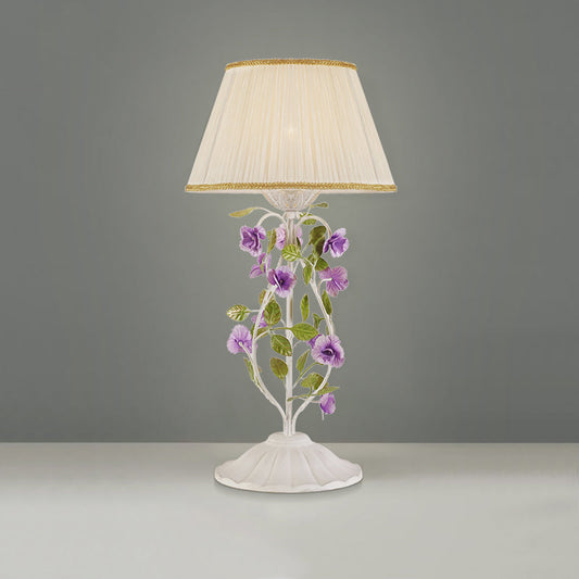 Korean Flower 1-Head Nightstand Lamp With White Fabric Shade For Bedroom