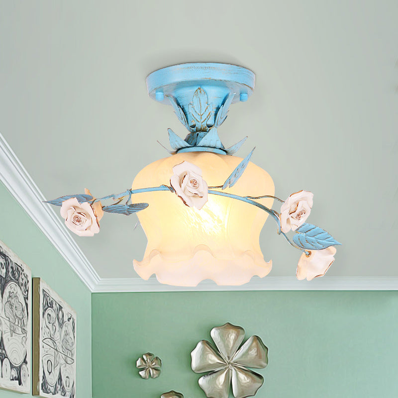 Plafonnier de jardin coréen en verre bleu avec motif fleuri - Luminaire semi-monté à ampoule unique
