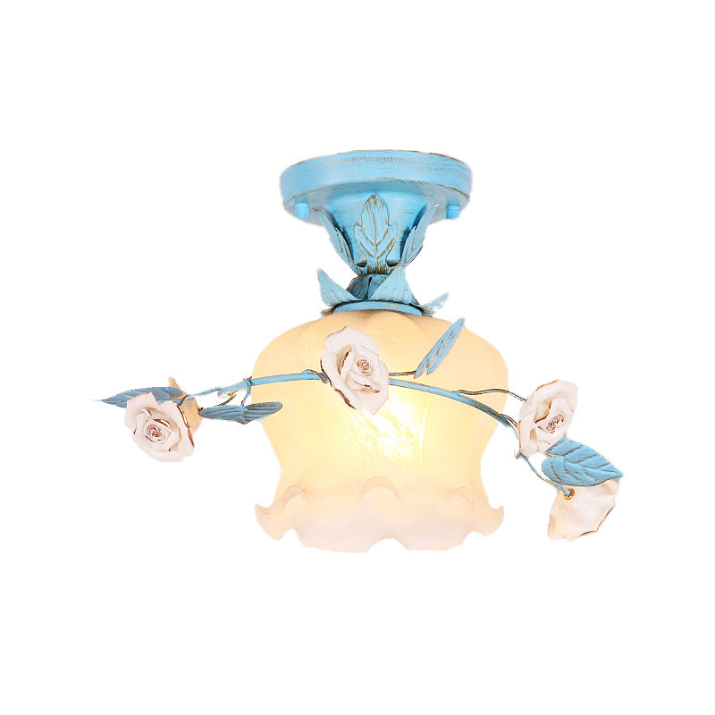 Plafonnier de jardin coréen en verre bleu avec motif fleuri - Luminaire semi-monté à ampoule unique