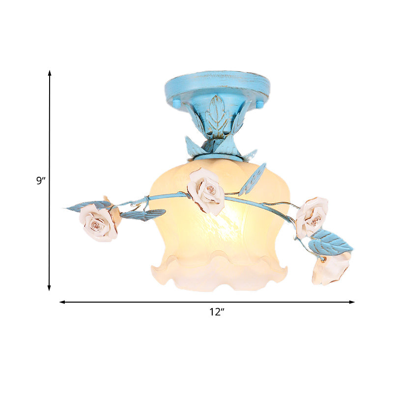 Plafonnier de jardin coréen en verre bleu avec motif fleuri - Luminaire semi-monté à ampoule unique