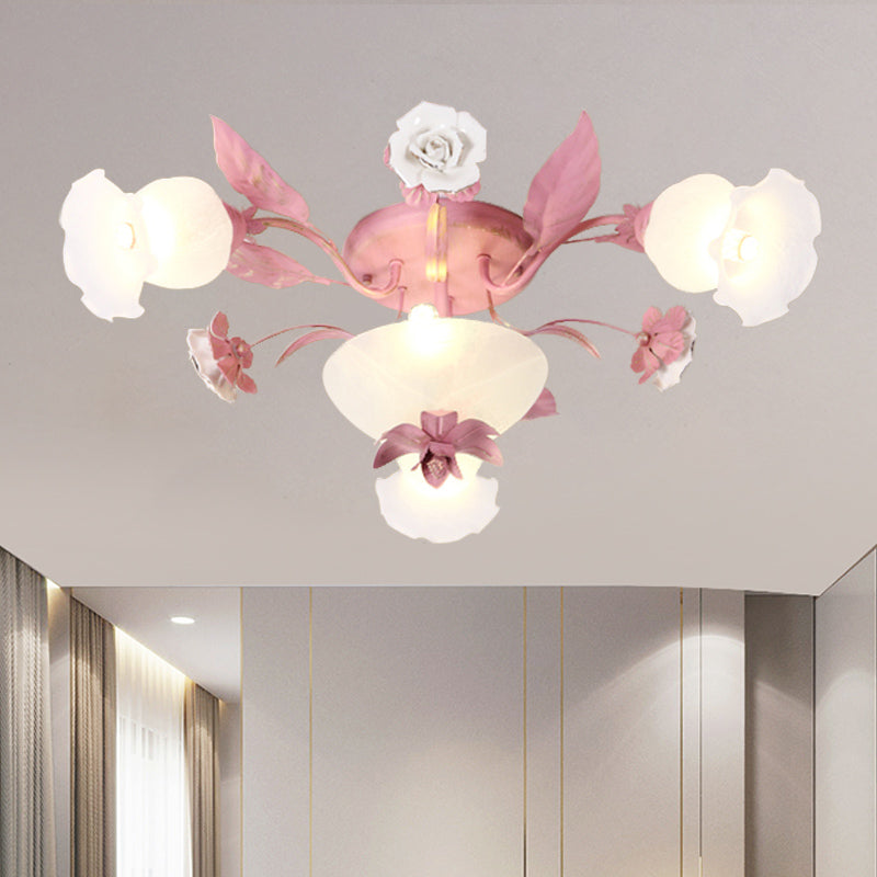 Plafonnier semi-encastré en verre opale de style coréen - Motif à fleurs roses | Montage encastré dans les restaurants | Disponible en ampoules 5/7/11