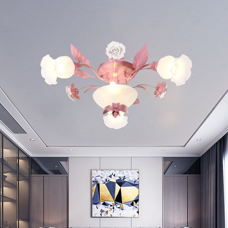 Plafonnier semi-encastré en verre opale de style coréen - Motif à fleurs roses | Montage encastré dans les restaurants | Disponible en ampoules 5/7/11
