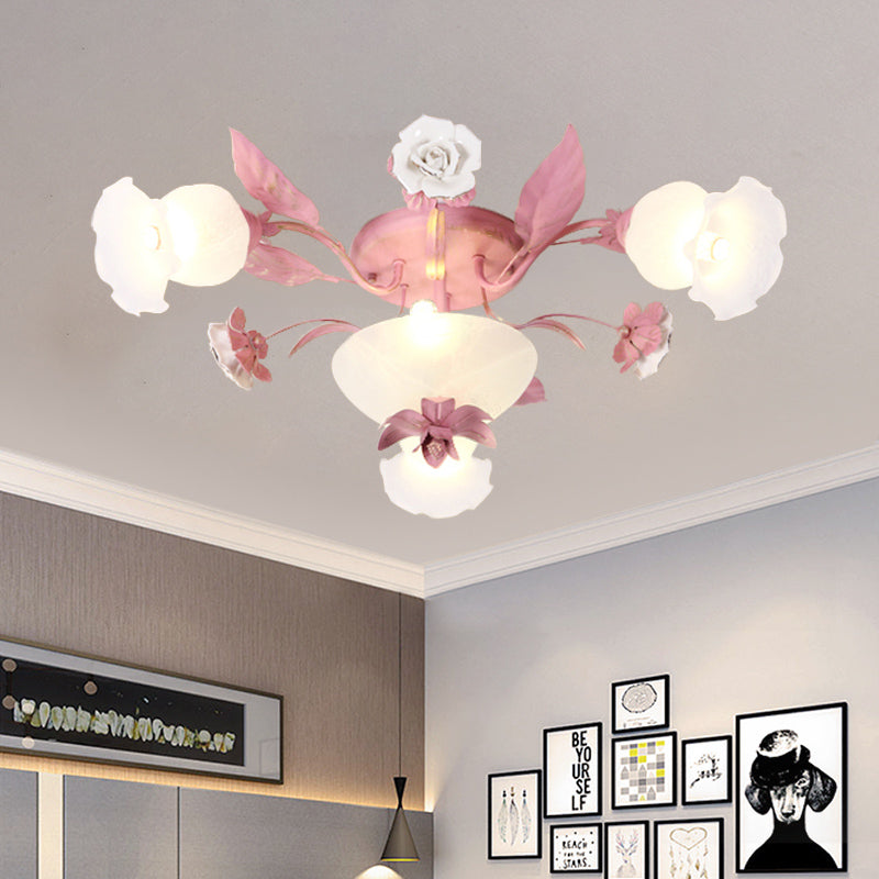 Plafonnier semi-encastré en verre opale de style coréen - Motif à fleurs roses | Montage encastré dans les restaurants | Disponible en ampoules 5/7/11