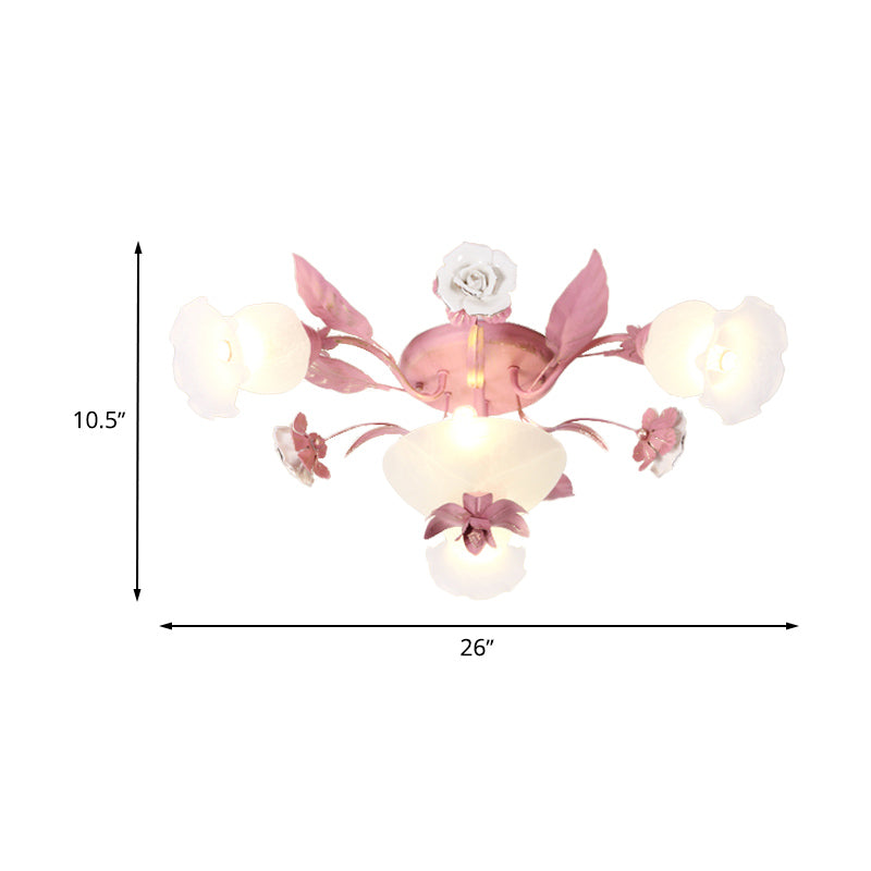Plafonnier semi-encastré en verre opale de style coréen - Motif à fleurs roses | Montage encastré dans les restaurants | Disponible en ampoules 5/7/11
