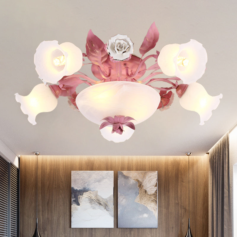 Plafonnier semi-encastré en verre opale de style coréen - Motif à fleurs roses | Montage encastré dans les restaurants | Disponible en ampoules 5/7/11