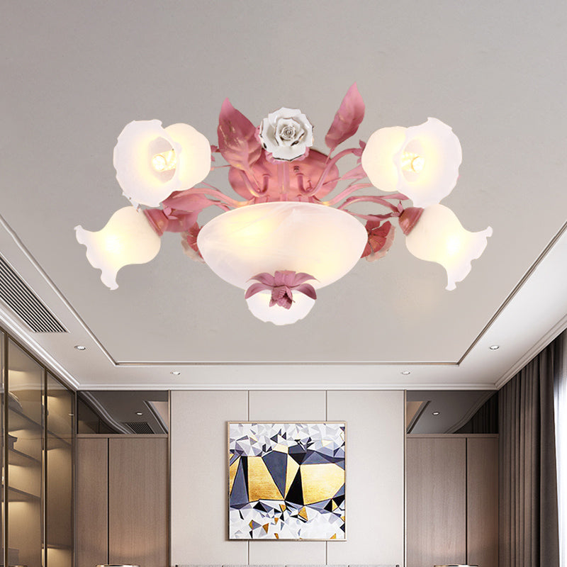 Plafonnier semi-encastré en verre opale de style coréen - Motif à fleurs roses | Montage encastré dans les restaurants | Disponible en ampoules 5/7/11