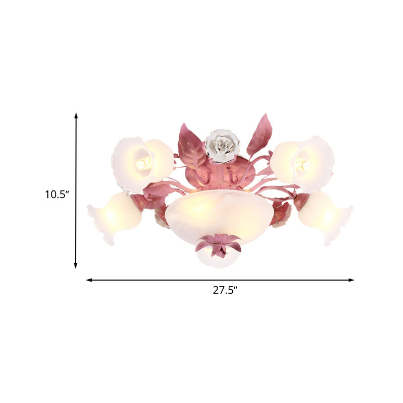 Plafonnier semi-encastré en verre opale de style coréen - Motif à fleurs roses | Montage encastré dans les restaurants | Disponible en ampoules 5/7/11