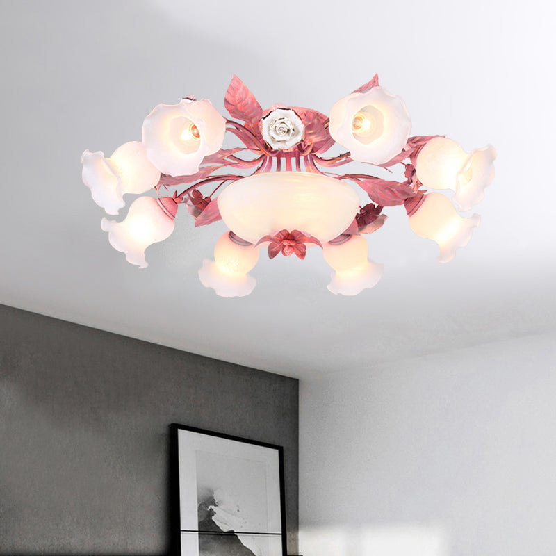 Plafonnier semi-encastré en verre opale de style coréen - Motif à fleurs roses | Montage encastré dans les restaurants | Disponible en ampoules 5/7/11