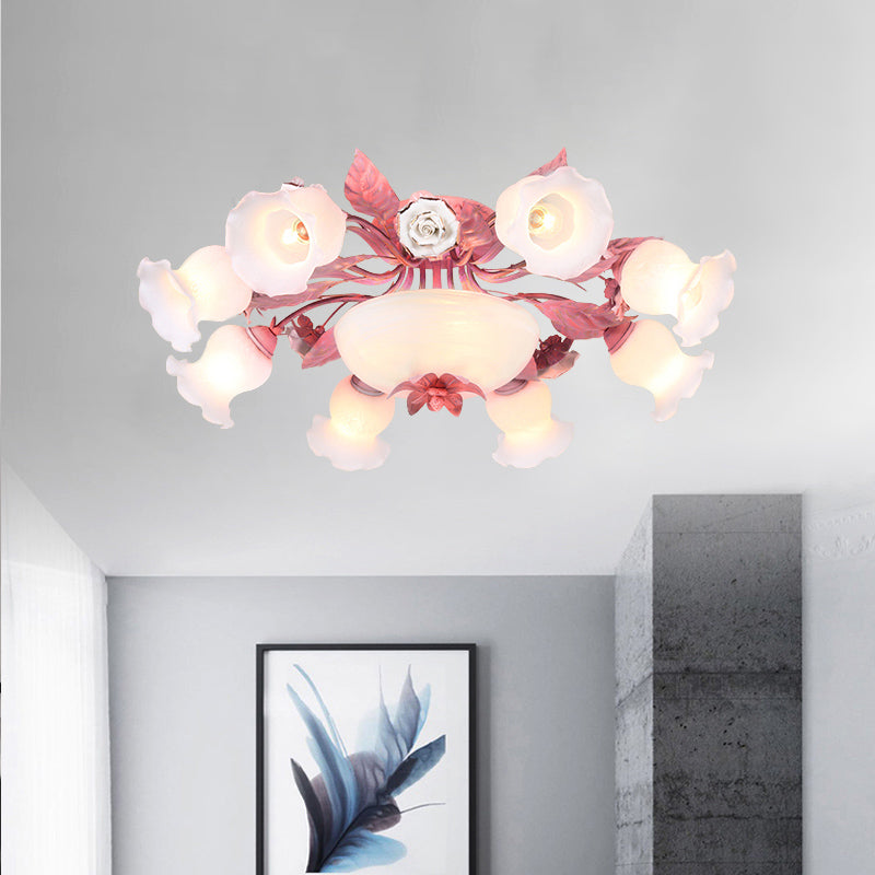 Plafonnier semi-encastré en verre opale de style coréen - Motif à fleurs roses | Montage encastré dans les restaurants | Disponible en ampoules 5/7/11