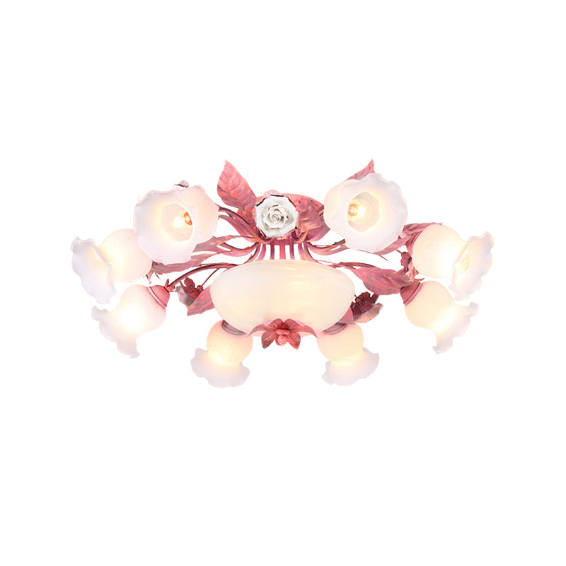 Plafonnier semi-encastré en verre opale de style coréen - Motif à fleurs roses | Montage encastré dans les restaurants | Disponible en ampoules 5/7/11