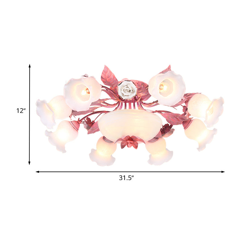 Korean Garden Opal Glass Semi-Flush Ceiling Light - Pink Blossom Design | Mounts Flush In