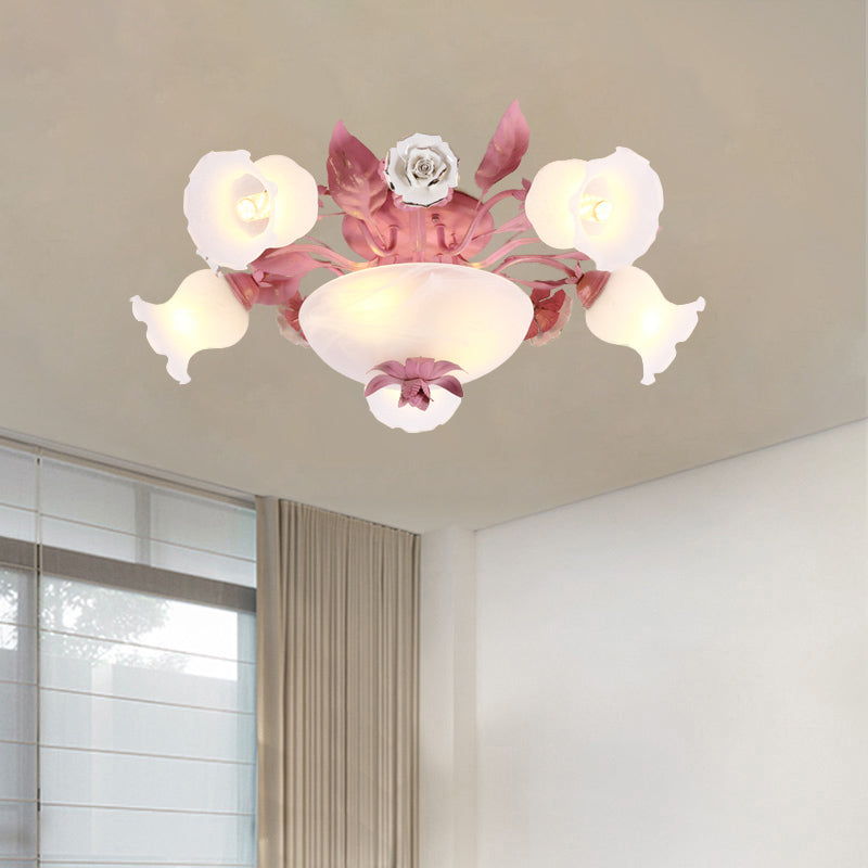Plafonnier semi-encastré en verre opale de style coréen - Motif à fleurs roses | Montage encastré dans les restaurants | Disponible en ampoules 5/7/11