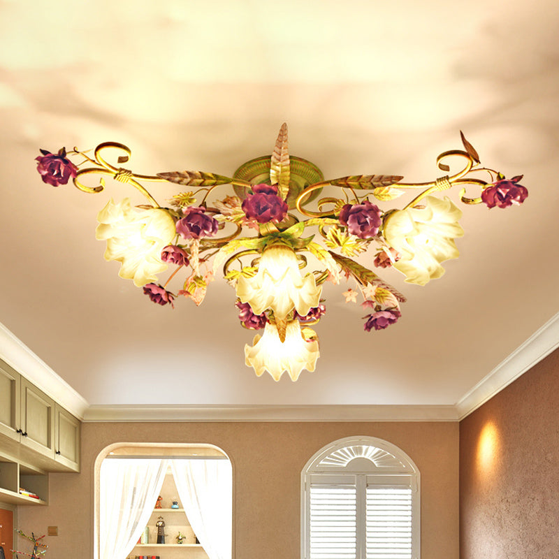 Plafonnier semi-encastré festonné en verre opale vert avec motif de fleurs coréennes - Luminaire de salon à 4 ampoules