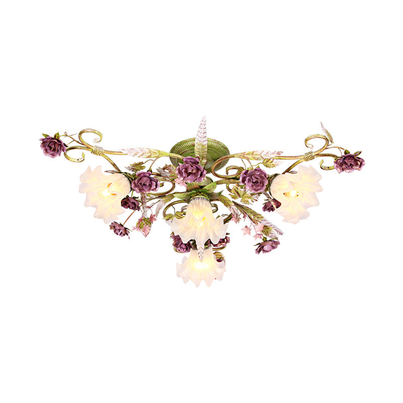 Plafonnier semi-encastré festonné en verre opale vert avec motif de fleurs coréennes - Luminaire de salon à 4 ampoules