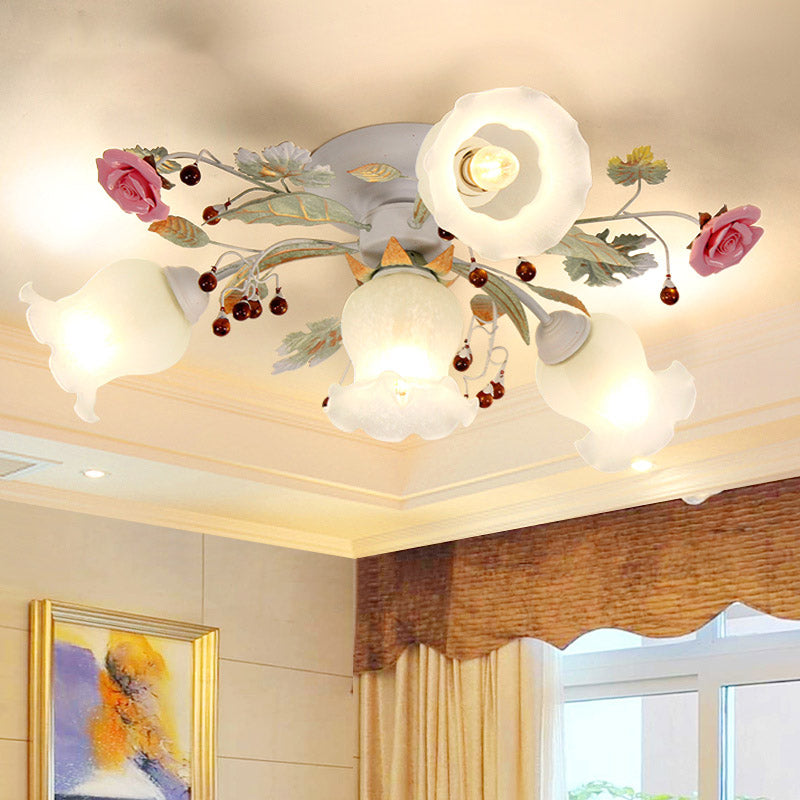 Plafonnier en verre dépoli avec lumière verte - Design floral coréen pour chambre à coucher (4/6/9 têtes)