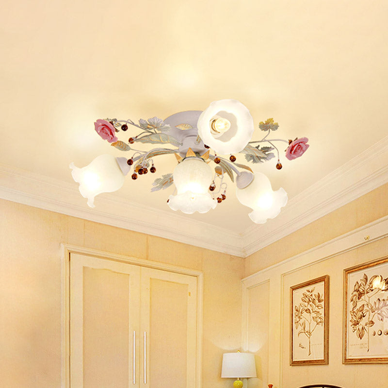 Plafonnier en verre dépoli avec lumière verte - Design floral coréen pour chambre à coucher (4/6/9 têtes)